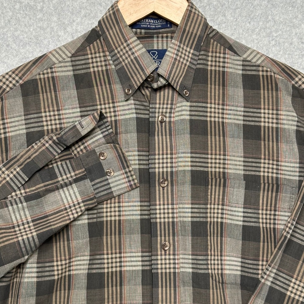 Enro Mens Chatham Cloth Plaid Button Down Shirt Brown Tan Grey Long Sleeve Small